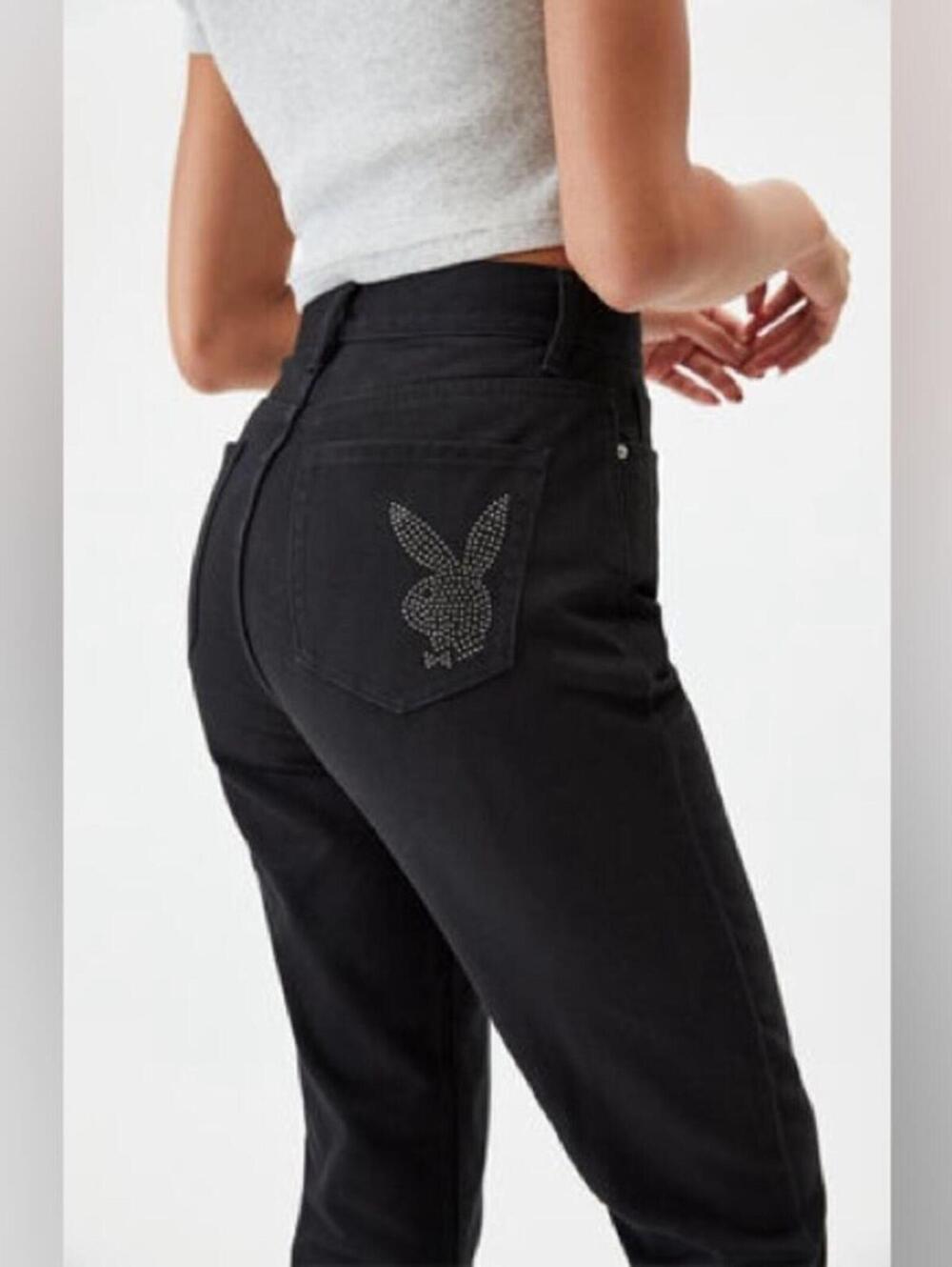 Playboy By PacSun High Waist Boyfriend Jeans Sz 23x27 Black Denim Bunny NWT